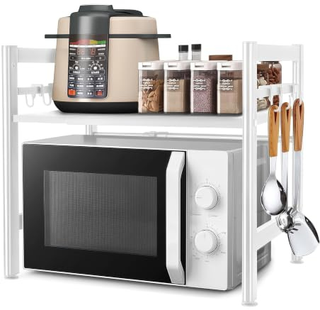 DWDHYEAN Estantería Extensible para microondas, estantería de Cocina, de pie, para microondas, de pie, Organizador de Cocina, con 6 Ganchos, Organizador para encimeras de Cocina (Blanco, un-Nivel)