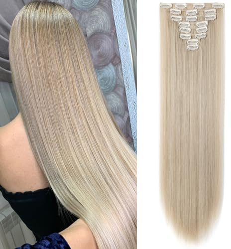 SEGOHAIR Clip In Extensions Haarverlängerung SET 8Pcs 18 Clips Voller Kopf Wie Echthaa Glatt - Synthetisches Haarteil Für Damen 26(66cm) Helles Aschbraun, Mischung aus Bleichblond