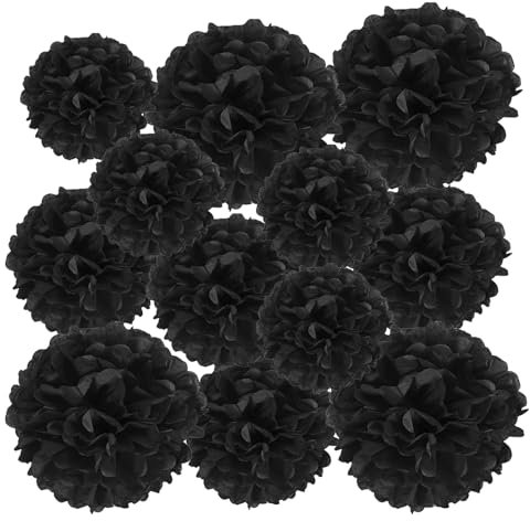 PATIKIL 4/6/8 Tissue Pom Poms Flowers, 12 Pack Paper Flower Ball for Wedding Bridal Shower Birthday Bachelorette Party Backdrop Decoration, Black
