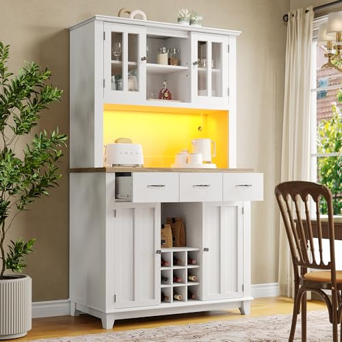 Ymkua Küchenschrank, Buffetschrank mit LED-Beleuchtung, Hochschrank Küchenbuffet mit 4 Türen und 3 Schubladen, Sideboard mit Lagerregal, Standschrank mit Verstellbaren Ablagen, 106x40x179.5cm (Weiß)