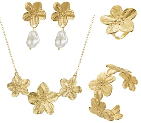 TOFBS Schmuckset für Damen Zarte Blume Metall Blatt Halskette Verstellbares Armband Tropfen Ohrringe und Ring Set Hypoallergene Modeschmuck Geschenke