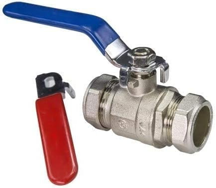 TC 22mm Lever Ball Valve Full Bore Compression Isolation Valve Red/Blue Dual Handle Shut Off Isolating Valve Full Flow - WRAS Approved