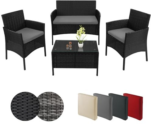 BB Sport Poly Rattan Sitzgruppe 4 Personen Tisch 2 Stühle Sitzbank 5cm Dicke Sitzpolster Balkonmöbel Set Sitzgarnitur Balkon Terrasse Garten Outdoor, Farbe:Titan-Schwarz/Kieselstrand