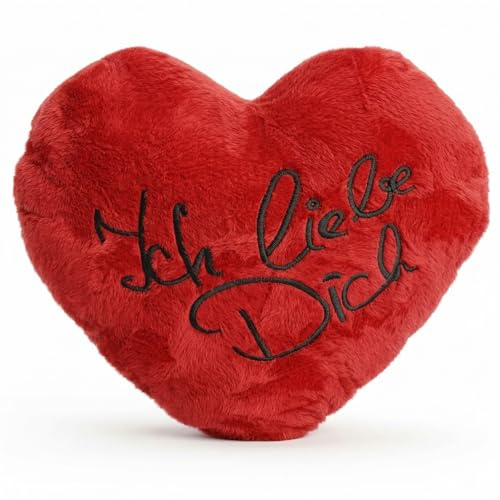 MIJOMA Herz-Kissen aus Plüsch – Weiches Dekokissen mit romantischer Stickerei – Kuscheliges Sofakissen, Kissen in Herzform, flauschig & gemütlich (Ich Liebe Dich, 60cm)