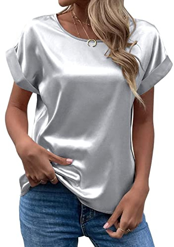 Rund hals sweatshirt kvinnor damer kortärmad toppar sommar toppar satin blusar pullover avslappnad uppklädd mjuk kortärmad toppar tunika vår rund hals t-shirts lös passform blus tröjor, Grå, XXL