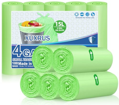 XUXRUS 100 bolsas de basura de 15 litros, 50 × 55 cm, bolsas de basura pequeñas, bolsas de basura, verde, antirroturas, resistentes, de alta calidad para baño, cocina, salón