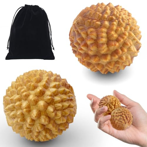 cersaty 2 Stk Durianförmige Handmassagebälle, 4.3cm Igelball Massageball | Holzfarbe Massagebälle mit 1 Stk Schwarze Samttasche für Stress Relief und Massage