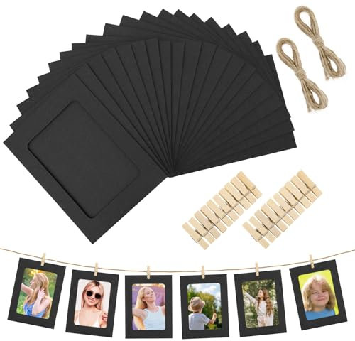 20PCS 4x6 Inch Black Paper Picture Frames Paper Photo Frames with Clips and Strings DIY Clip Photo Holders Photoes Hanging Photoes Display Banner for Home Office Wedding and Party Wall Picture Decor