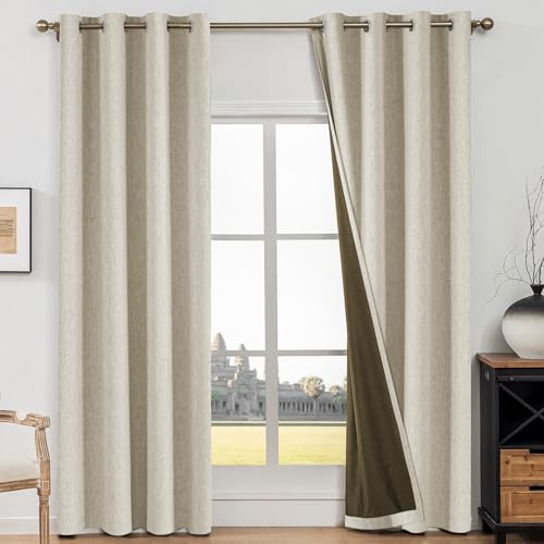 CYCMACO Mörkläggningsgardiner 2 Stycken, 140x300cm, Gardiner För Vardagsrum I Imiterat Linne, Värmeisolerande Gardiner För Inomhusbruk, Ljudabsorberande Med Ringar, För Sovrum, Mörkbeige