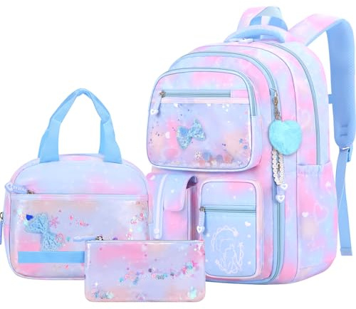 Amythe Set skolryggsäck flicka tonåring 3 delar, skolväskor med lunchväska pennfodral gymnasium för skola resor för 15,6 tum bärbar dator 9264, blå, 15.6 Zoll (Laptop-Fach), ryggsäck ryggsäckar