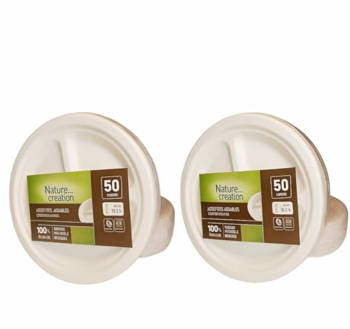 Vertduree 100 Assiettes Blanc Jetables Canne à Sucre 26 cm avec 3 compartiments | Vaisselle Écologique Biodégradable & Compostable | Assiettes Rondes Blanches Ultra Solides pour Fête, Buffet, Mariage