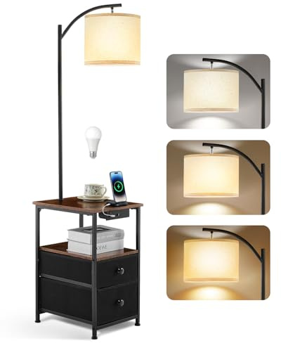 Lámpara de pie con mesa y 2 cajones, lámpara de mesita de noche con estación de carga USB y Type C, lámpara de pie con 3 temperaturas de color y pantalla ajustable, lámpara LED para salón y dormitorio
