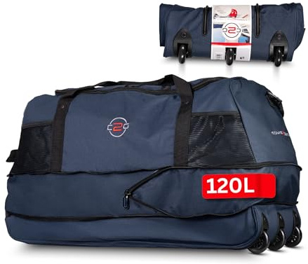 Große Reisetasche mit Rollen 120 L – Faltbare Rolltasche & Sporttasche XXL – leicht, robust & platzsparend – ideale Reisetasche zum Ziehen für Urlaub, Sport & Training (Navy)