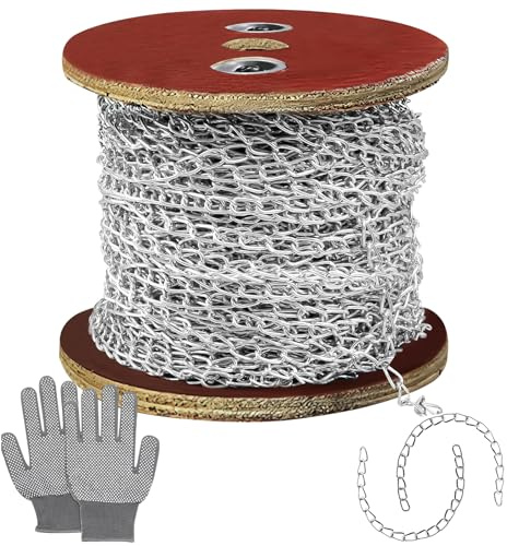 70m Galvanised Jack Chain, 6mm Link Width Hanging Chain with Spool, Gloves