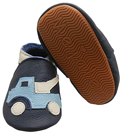 Mejale Baby Moccasins Boy Rubber Soft Crawling Shoe Girl Toddler Leather Walking Slipper Unisex Infant First Walker Shoes（Navy Blue,6-12 Months,M