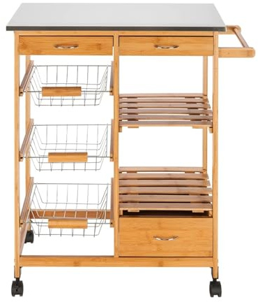 FAJNUZI2024 Isola mobile per cucina Carrello da cucina mobile con piano tavolo in acciaio inossidabile, tre cassetti e cestelli, carrello, organizer