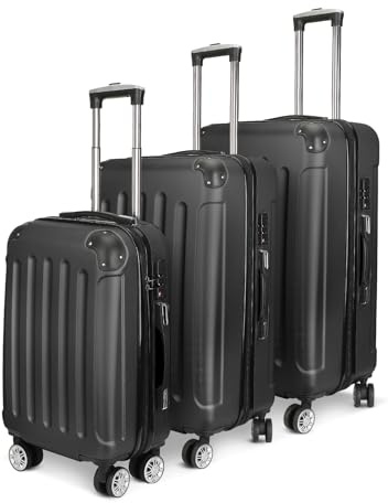 ZYLARNA Valigia Rigida 3 Pezzi Set Trolley Bagaglio A Ruote Set Di Valigie In ABS Con Protezione Degli Angoli Trolley Con Manico Telescopico Bagaglio A Mano 4 Ruote M L XL (Nero)