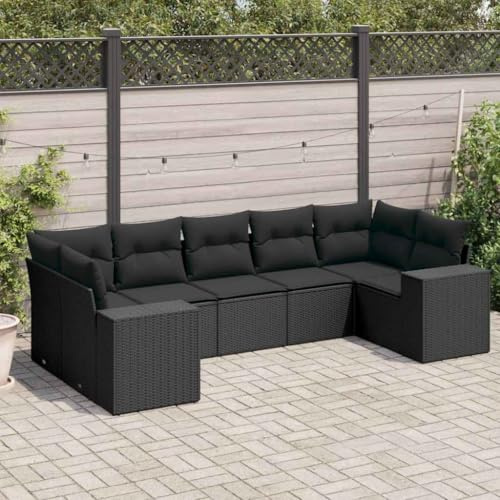 GeenYuu 7-TLG. Garten-Sofagarnitur mit Kissen Schwarz Poly Rattan, wetterfestes Lounge-Set für Terrasse Balkon und Garten, Pflegeleichte Sitzgruppe mit Polster für Outdoor und Veranda