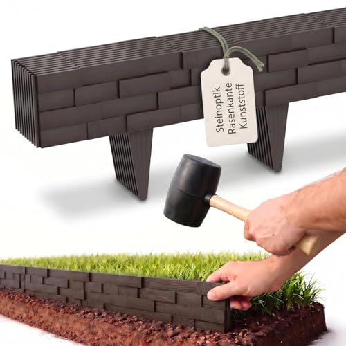 Suusolny Gartenpalisade Steinoptik 10m, Robuste Kunststoff Beetumrandung, Praktische Rasenbegrenzung Flexible Beetzaun für Außen Garten Braun 10 Stück