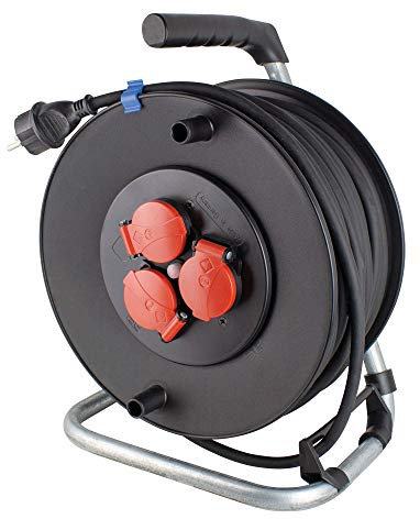 as - Schwabe Baustellen-Kabeltrommel, 50 m H07RN-F 3G1,5 Leitung 230V / 16A, mit 3 roten Schutzkontaktsteckdosen inkl. Klappdeckel & Thermoschutzschalter, IP44, Made in Germany, Schwarz, 20125