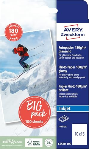AVERY Zweckform Art. C2570-100 Everyday Inkjet Fotopapier (100 Blatt, 180 g/m², 10x15cm, glänzende Fotokarten, einseitig beschichtet, sofort trocken & wischfest, Fotoblätter für Inkjet-Drucker) weiß
