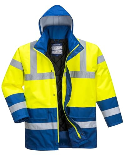 Portwest S466 Hi-Vis Contrast Jacka 300D Vattentät Reflekterande Hållbar | Gul/Kungsblå, S, EN 342, EN ISO 20471 Klass 3, Lång Ärm, Unisex, 4 Fickor, 100% Polyester, Dold Mobiltelefonficka, Slitstark