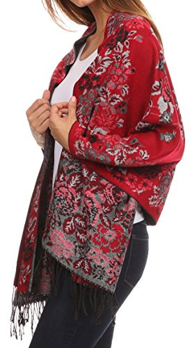 Sakkas CHS1810 Ontario Doppelschicht Blumen Pashmina/Schal/Wrap/Stola mit Fransen - 2-rot - One Size Regular