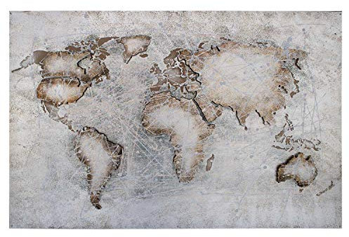 mosa designs Wandbild Weltkarte Relief Metallbild 3D Metall auf Leinwand mit Holzrahmen Handarbeit World Blau Grau 120x80cm
