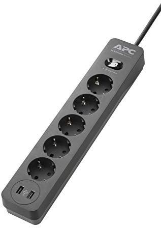 APC Surge Protector PME5U2B-GR Ciabatta elettrica con Protezione da Sovratensione, Spina Schuko a 5 Ingressi, Commutabile, 2 Uscite USB, Nero