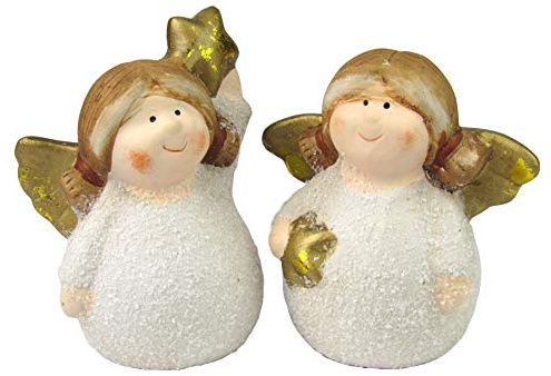 Unbekannt Weihnachtsengel - Weihnachtsdeko - 2er Set aus Keramik, Handbemalt (Engel mit goldenem Stern)
