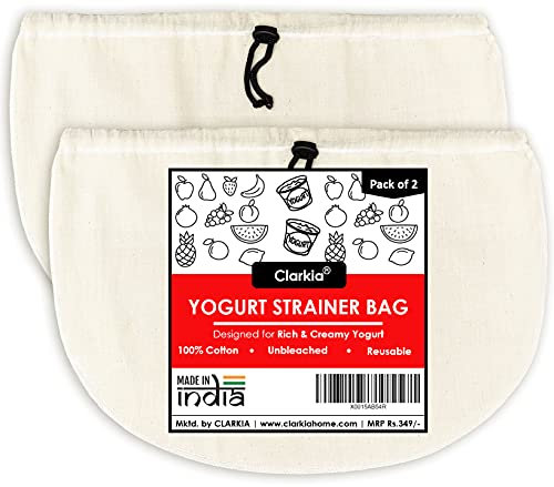 Clarkia Cotton Cheese Cloth Bag Yogurt Nut Milk Strainer - 2 Pieces Made by Muslin Cloth for Kitchen nut Milk Bags Hung Curd Cloth Strainer Bag