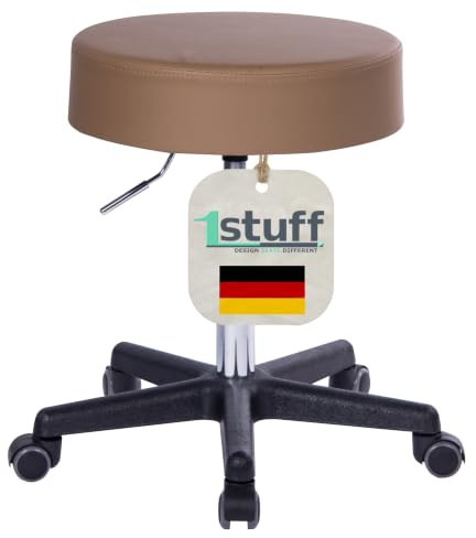1stuff XL Profi Rollhocker, 40cm Sitzbreite, Sitzhöhe bis 70cm, Braun | 1stuff-Qualität vom Fachhändler, Studiohocker höhenverstellbar, Drehhocker 360°, Bürohocker, große Sitzfläche, PU-Rollen