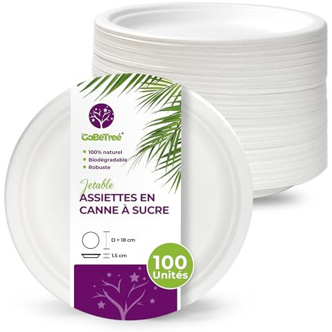 GoBeTree 100 Assiettes Jetables en Canne à Sucre Rondes 18 cm Blanches | Assiettes Blanches Rigides et Solides en Bagasse, Fibre de Canne pour Barbecue, Pique-Nique, Camping et Anniversaire