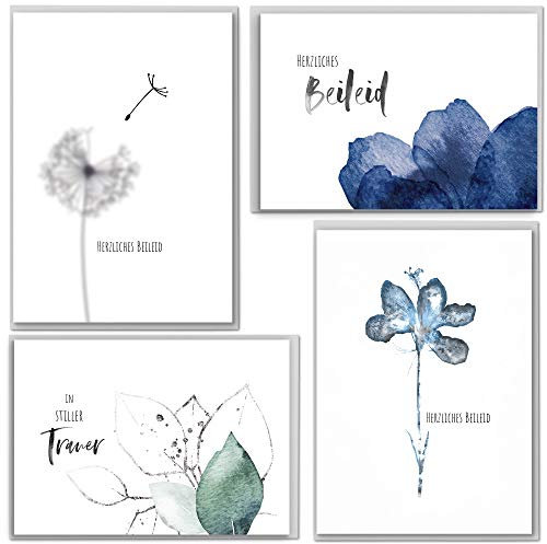 beriluDesign Trauerkarten mit Umschlägen, 4 Klappkarten und 4 graue Briefumschläge