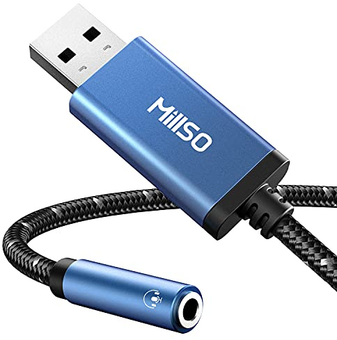 MillSO USB to 3.5mm Jack Audio Adapter, TRRS USB to AUX Audio Jack External Sound Card for Headphone, Speaker Mac, PC, Laptop, PS4, PS5 - Sapphire Blue + Braided + Smart Chip | Sapphire Blue, Metal Shell, Smart Chip, Premium Stereo USB Sound Card for Headphone, Speaker, PS4, PS5, PC, Laptop, Desktop