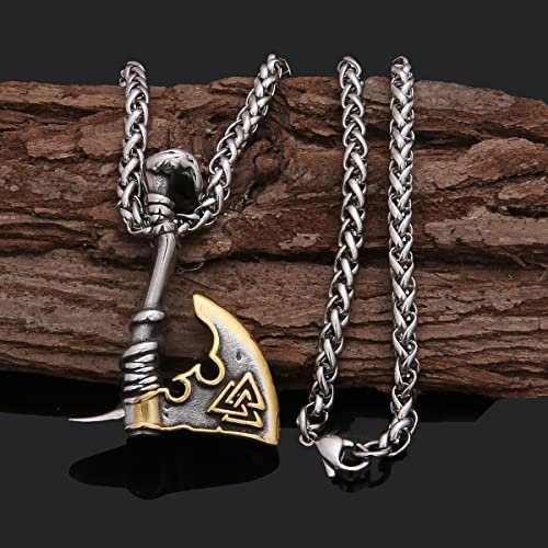 YABEME Viking Edelstahl Axt Halskette, Nordische Männer Valknut Retro Doppelseitige Streitaxt Amulett Schmuck, Jungen Talisman Anhänger mit Geschenkpaket,Mixed Gold,6cm