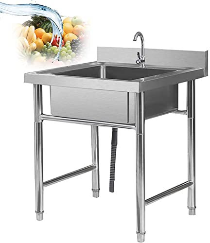 Psfghvz Spülbecken Edelstahl Rostfreie Ausgussbecken Waschbecken Werkstatt Spüle Standwaschbecken Waschtrog Garage Garten Küche Camping Keller Spülschrank Komplettspüle, Silber, L 60cm×W 60cm×H 90cm