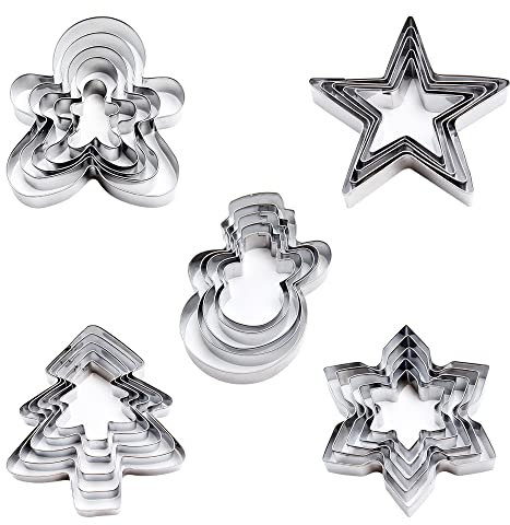 Pilikoll 25 Stück Ausstechformen Weihnachten Set, Edelstahl Weihnachten Keksausstecher Weihnachtsbaum,Schneeflocke, Lebkuchenmann, Stern, Schneemann Keksform Plätzchenausstecher für Weihnachten Kekse