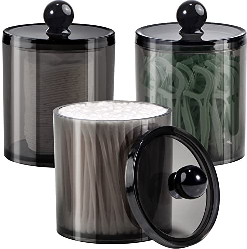 SheeChung 3 Pack Qtip Holder,Apothecary Jars with Lids, Cotton Round Holder with Labels,Minimalist Shatterproof Bathroom Organizer Set for Cotton Swabs,Balls,Pads,Bathroom Accessories (Black)