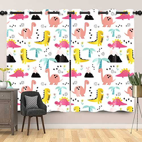 SDOTPMT 107x215cm Lindo Bosque Antiguo Dinosaurio Cortina de Ventana Gracioso Animal Partido Palma Árbol Volcán Cómico Blanco Cortinas Opacas para Sala de Juegos Dormitorio, 2 Paneles