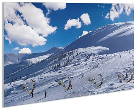 Wallario Schlüsselbrett aus Glas 30 x 20 cm, Wand Schlüsselhalter mit 4 Haken, Motiv: Ski-Piste in den Alpen