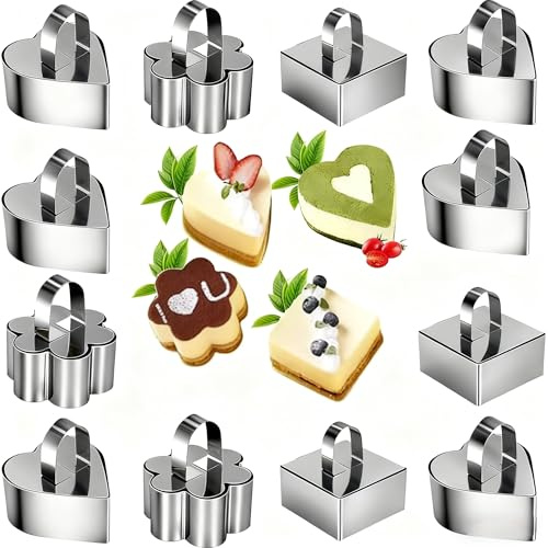 Qivine 12 Stück Dessertringe und Speiseringe, Edelstahl Mini Kuchenring mit Pressen, Ø 8cm Herz Viereck Blume Form Klein Tortenring Backen Formen für Desserts, Kuchen, DIY