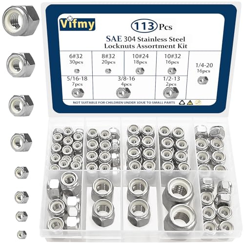 Vifmy 113PCS Locknuts Assortment Kit, 6#32 8#32 10#24 10#32 1/4-20 5/16-18 3/8-16 1/2-13 SAE Lock Nuts, 304 Stainless Steel Nylon Insert Hex Lock Nuts, Hex Drive