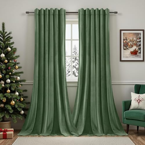 Rosnek Thermovorhang Kräuselband 2 Stück,90% Blackout Curtains Thermogardine Vorhang Samt,Verdunkelungsvorhänge übergardinen Vorhänge,Olivgrün,H274xB132CM