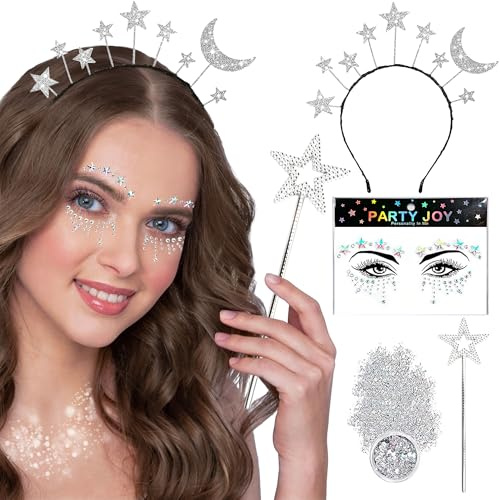 Singtis Mond Haarreif & Sterne Mond Stirnband Silber – Glitter Haarreif mit Strasssteinen und Glitzer Gesicht Sticker für Karneval, Fasching, Halloween, Musikfestival und Party