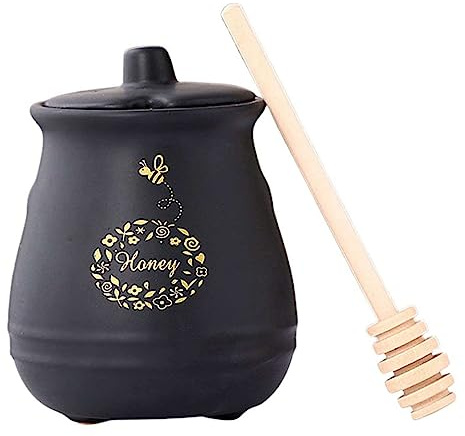 LEVINE Vorratsdosen aus Glas – 11 Unzen Keramik-Honigtopf, matt, mit Holzschöpflöffel, Mini-Honigglas-Partygeschenke mit Deckel, Porzellan-Honigtopf, schwarz, 11 Unzen (Color : Black)