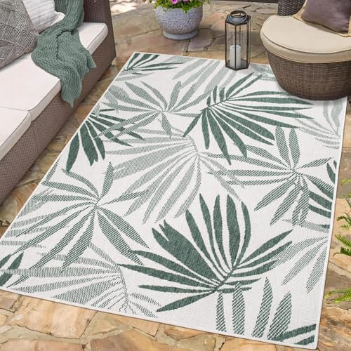 carpet city Outdoor Teppich Wetterfest 120x170 cm - Creme-Grün - Wendeteppich, Beidseitiges Florales Muster - Balkonteppich Wasserfest Outdoor - Terrassenteppich