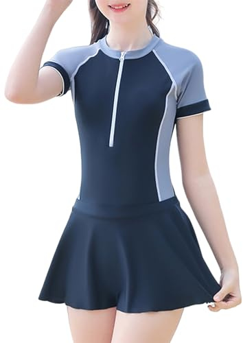 Maeau Maillot de Bain Jupe Fille 2 Deux Pièce 14 15 16 Ans Anti UV Sport Tankini Costume de Plage Shorty Zippé Combinaison de Natation Enfant Rashguard Manche Courte Shorts Tenue Ensemble Piscine Noir