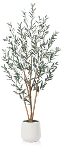 SOGUYI 180cm Tall Artificial Olive Tree – Tropical Faux Plant with Natural Wood Trunk and White Ceramic Planter - Fake Floor Plant for Indoor Home and Office Decor
