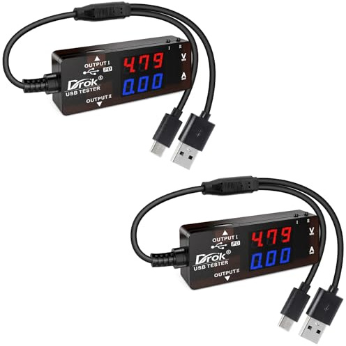 DROK USB Tester, 2 Pieces, USB-A USB-C 2.0 Multimeter, Dual Ports, USB, PD QC 3.0, LED Colour Display, Battery Charger, 7 Capacity Modes, Computer Voltage